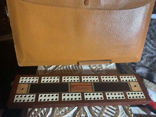 Vintage cribbage board inlaid with parquet shapes made from hardwood,nice Condi