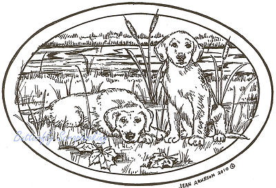 Puppy Dogs Cattails Oval Wood Mounted Rubber Stamp NORTHWOODS