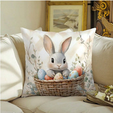 1pc Easter Single-Sided Pillow Cover, Watercolor Cute Bunny  Colored Eggs, 18"