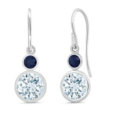 925 Sterling Silver Aquamarine and Sapphire Leverback Dangle Earrings For Women