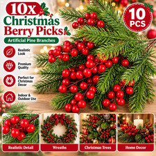 10x Artificial Pine Branches Red Holly Berry Picks Xmas Tree Wreath Decor Craft