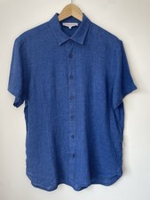 Orlebar Brown Meden Kurzarm Hemd 100% Leinen Blau Herren Large Classic Fit