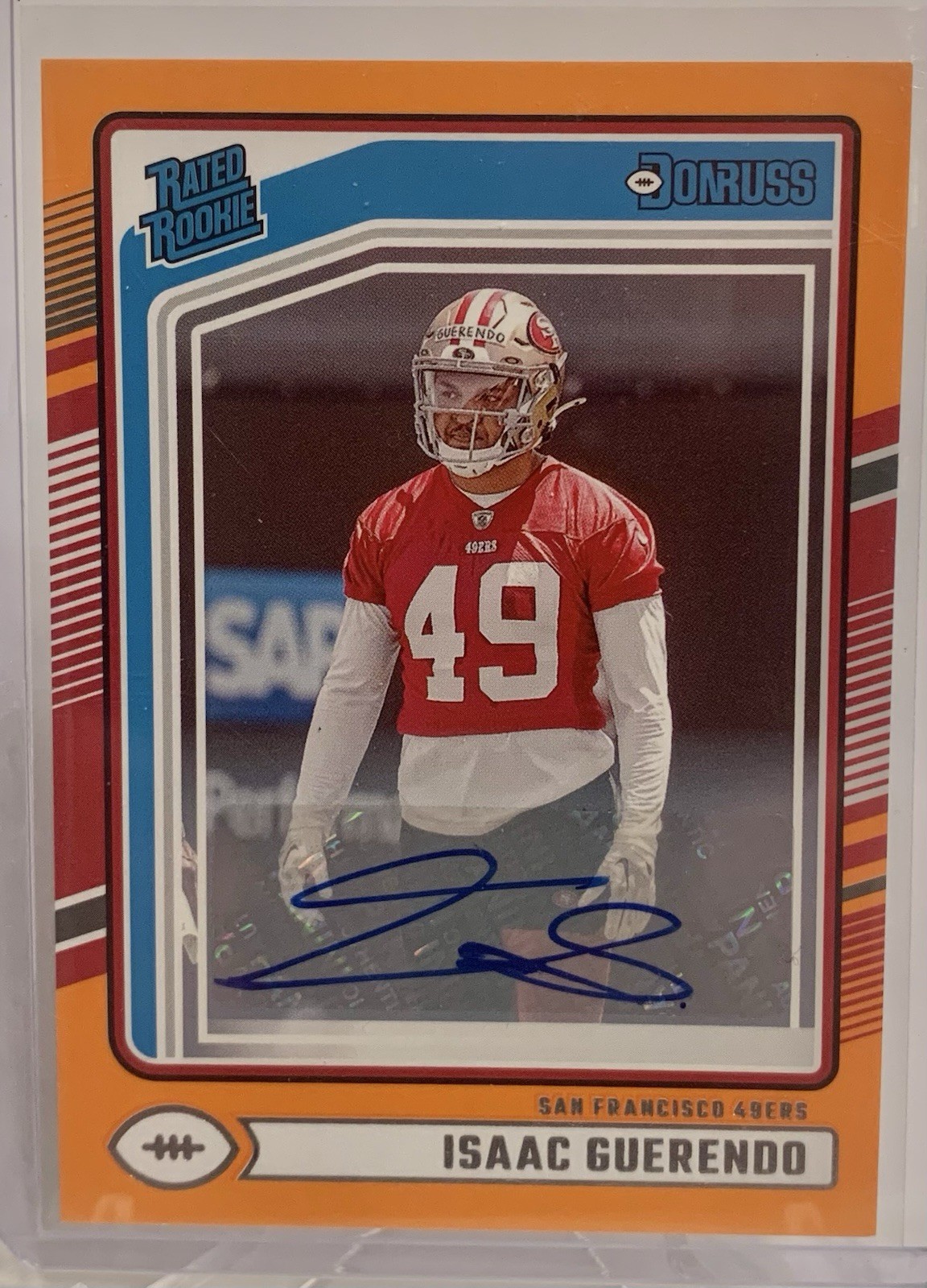 Isaac Guerendo 2024 Panini Donruss Football #336 Rated Rookie Auto Orange 49ers
