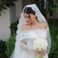 Full Lace A-Line Boat-Neck Wedding Dress Backless Court Train Long Sleeves