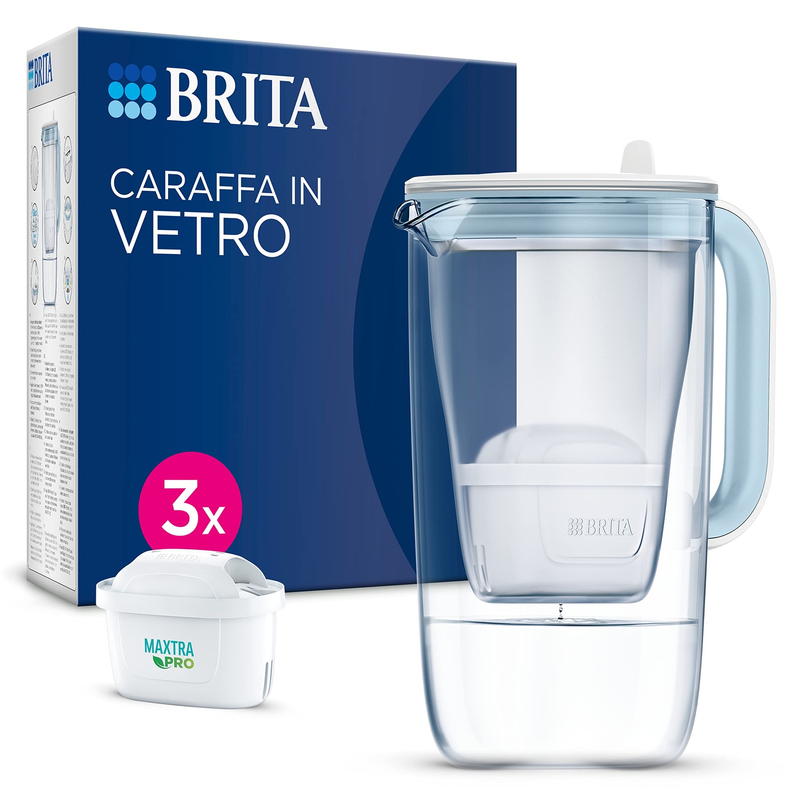BRITA Caraffa filtrante acqua vetro (2.5L) incl 3x BRITA filtri MAXTRA PRO All