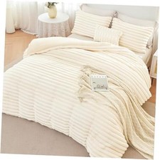 3 Pieces Fluffy Girls Duvet Cover Set Beige Faux Fur Stripe Twin Cream