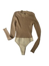 Free People Metallic Ribbed Knit Mock Neck Bodysuit Tan Cream Size S