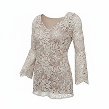SL Fashions Dress Womens 8 Ivory Crochet Lace Nude Bell Sleeve...