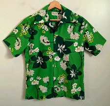 Vtg 60s 70s Mens Hawaiian Shirt Green Floral Button Up Aloha Mod Retro 42" Chest