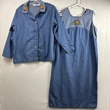 Vintage Roamans Denim Maxi Shift Dress Jacket Womens size A8 Cotton Embroidered