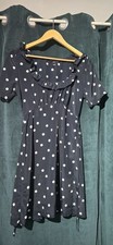 New Look Navy Polka Dot Tea Dress UK 10 Ruffle Neck Tie Waist Knee Length