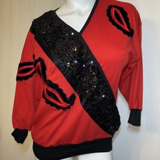 Vintage 80s Bonnie  Bill by Holly Red Black Sequin Velvet Applique Top Size S