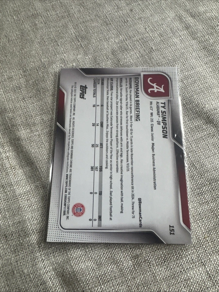 2025 Bowman Chrome Prospect Autographs Ty Simpson /150 Blue Refractor - Image 2 of 2