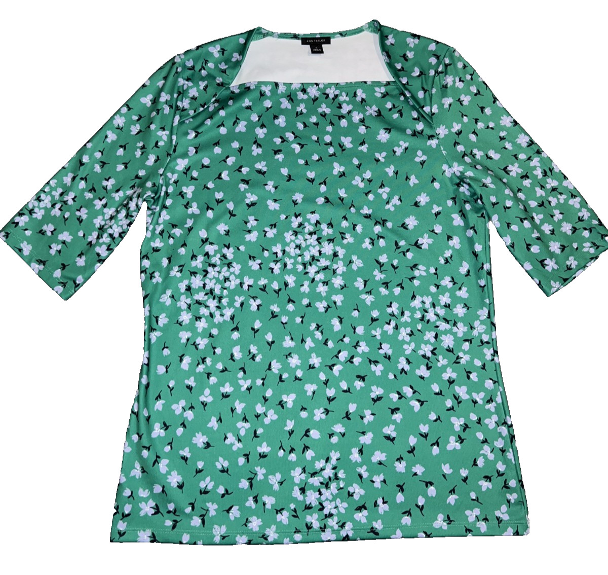 Ann Taylor Top Floral Stretch Envelope Neck Shirt Women's Size M Green Half Slv