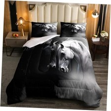 Horse Bedding for Girls Boys Couples, Black White Horses Bedding Full Multi 01