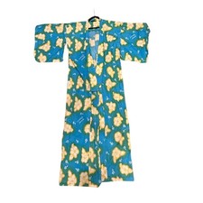 Vintage Sugarless Gal Japanese Yukata Kimono Robe Blue Hibiscus Floral Cotton