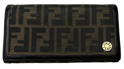 Fendi Zucca FF Canvas Continental Long Wallet Brown Black Gold Medallion Snap