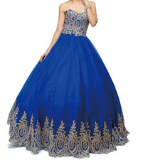 Dancing Queen Gown Womens 2XL Royal Blue Gold Embroidery Quinceanera Tulle Ball