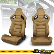 Universal Pair Reclinable Racing Seats + Dual Slider Brown Suede Carbon Leather