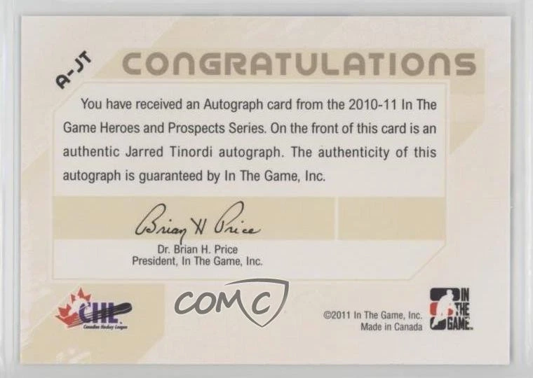 2010-11 ITG Heroes and Prospects Auto Jarred Tinordi #A-JT Auto - Image 2 of 2