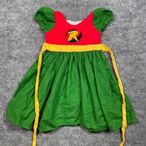 DC Comics Robin Superhero Dress Girls Red Green Yellow Logo Smocked Back