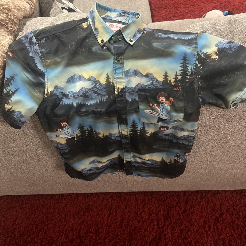 RSVLTS x BOB ROSS Happy Little Trees Rayon Short Sleeve Button Down Shirt Mens M