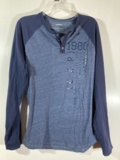 Express Long Sleeve Henley 3-Button Shirt Raglan Sleeve with Graphic L Blue