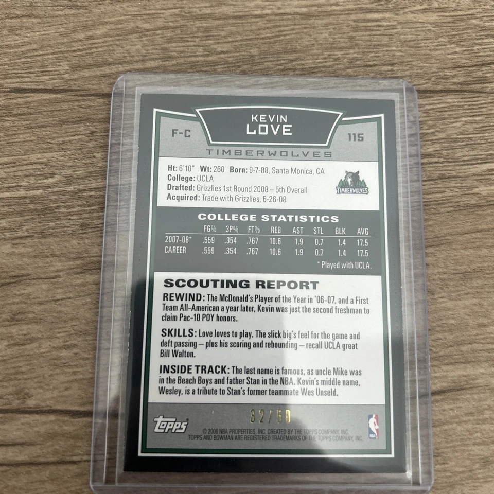 Kevin Love 2008-09 Bowman Gold #115 Rookie RC 32/50 - Image 2 of 2