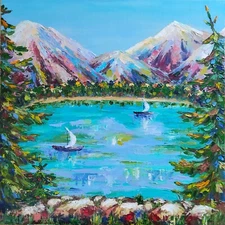 Original Art Seascape 3D Modern Oil Palette Knife Painting Serene Landscape Lake