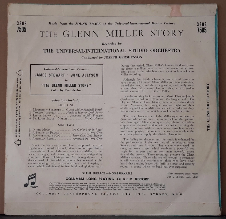 THE GLENN MILLER STORY - SOUNDTRACK GERSHENSON 1954 COLUMBIA 33OS 7505 AUS 10"LP - Image 2 of 3
