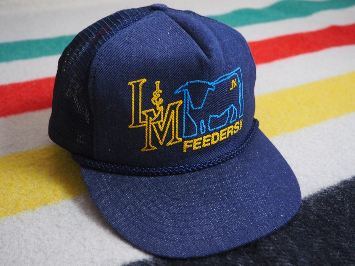 VTG 70s Nissin L&M Feeders Farm Animal Denim Trucker Snapback Mesh Hat Cap  OSFM
