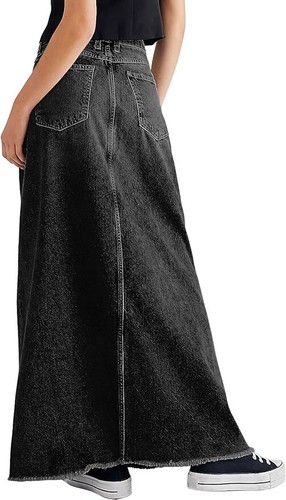 Women Retro Denim Maxi Skirt Frayed Raw Hem High Waist A-Line Long Jean Skirt - Picture 24 of 27