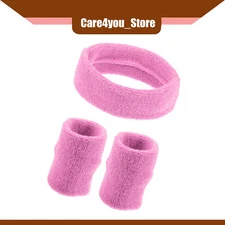 Item of 3 Sport Headband Wristband Stretchy Cotton Blend Sweat Absorbing Pink