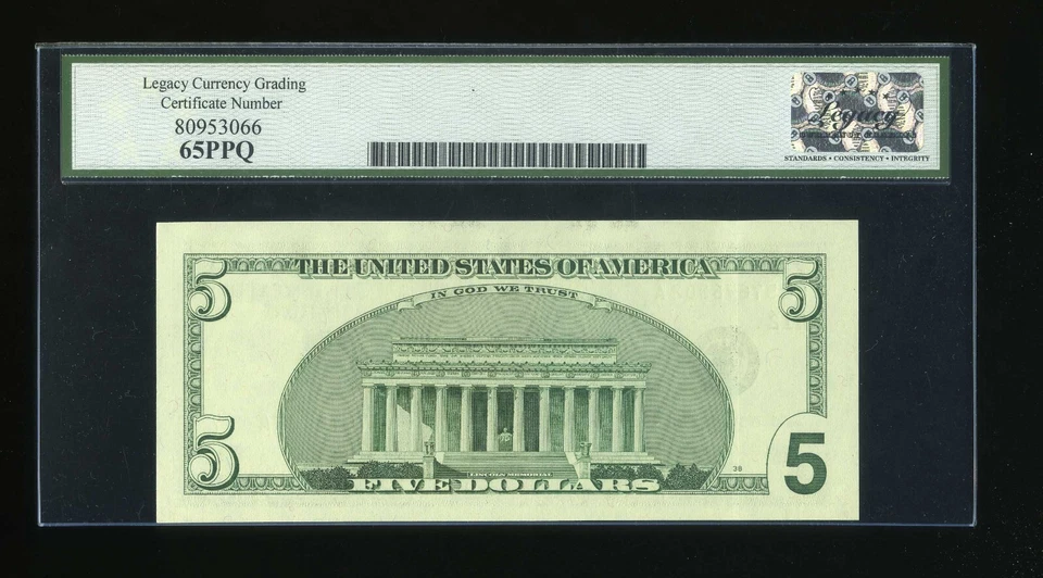 DBR 2003-A $5 FRN San Francisco Gem Fr. 1991-L Legacy 65 PPQ Serial FL57678302A - Image 2 of 2
