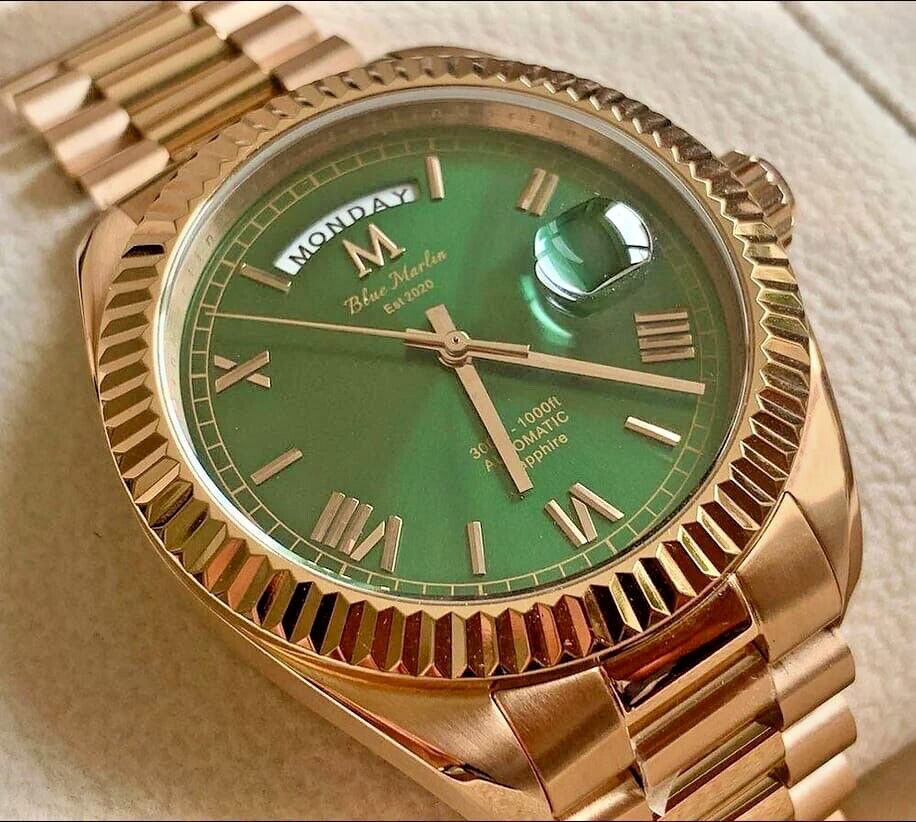 IMPRESIONANTE RELOJ AUTOMÁTICO CABALLERO AZUL MARLIN DÍA FECHA BUZOS, ¡SOLO 100 HECHOS!