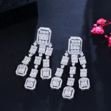 Noble Crystal Long Tassel Drop Dangle Earrings CZ Bridal Costume White Gold Gift