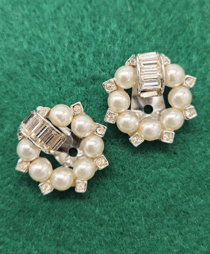 Vintage klare Strass & Kunstperlen silberfarbene runde Clip-On Ohrringe