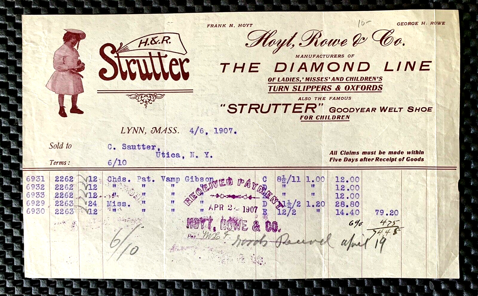 FILA HOYT ROWE & CO. THE DIAMOND LINE PANTOFOLE DONNA STRUTTER 6 APRILE 1907 RICEVUTA