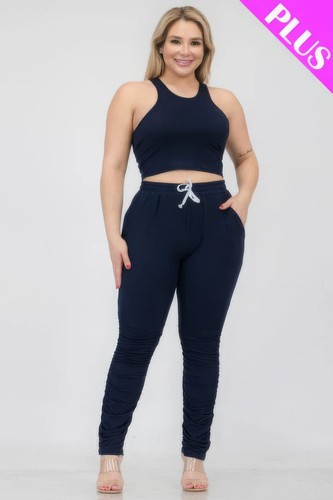 Women's Plus Crop Tank Top & Ruched Pants Fitness Workout Yoga Set (1X,2X,3X) - Picture 31 of 32
