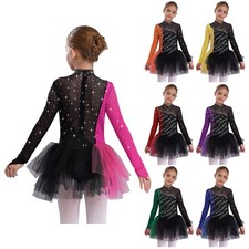 Kids Girls Dancewear Rhinestones Skirt Jazz Dresses Lyrical Leotard Gymnastics