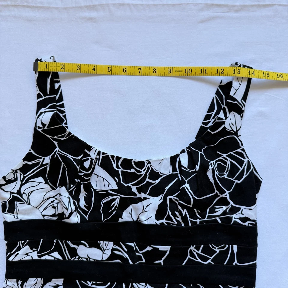 Y2K Donna Ricco Dress 12P Black White Floral Sleeveless A Line Stretch Slimming - Image 3 of 4