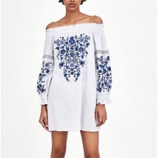 Zara TRF Boho Embroidered Mini Tunic Dress XS NWT Smocked Off Shoulder Festival