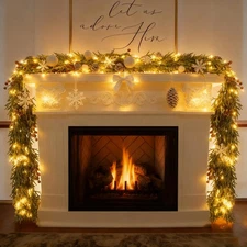 6FT Christmas Garland with Lights, Pre-Lit Artificial Pine Garland with Red B...