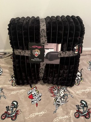 Ed Hardy King Comforter Black Faux Fur Bedding NWT