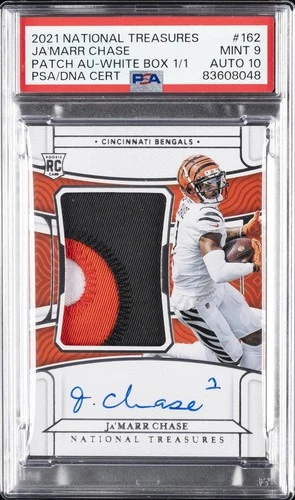 2021 NATIONAL TREASURES PATCH AUTO-WHITE BOX 1/1 JA'MARR CHASE 1/1 PSA 9 AUTO 10