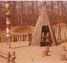 Vintage Color Photo Two Boys Tipi Totem Pole Theme Park Forest Winter Children