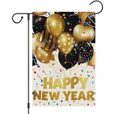 Happy New Year Garden Flag 12x18 Inch Double Sided Burlap Golden Balloon
