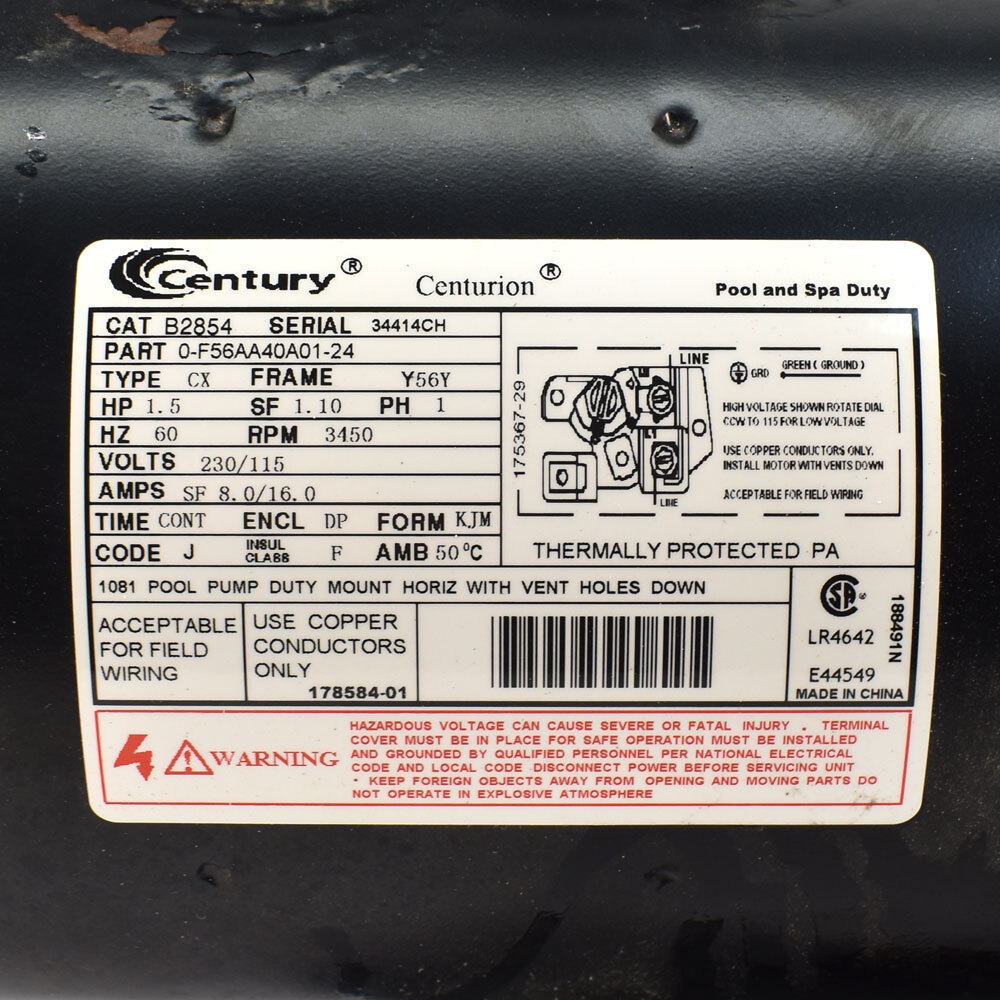 Century B2854 1.5 HP Pool and Spa Pump Motor 3450 RPM 1 Phase 230/115