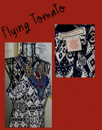 FLYING TOMATO Fit & Flare Dress-Black/White Jacquard-Embroidered Bodice-Boho-S - Picture 6 of 6