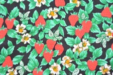 Strawberry Field Cotton Fabric / BTY / Black Background w Flowers Leaves